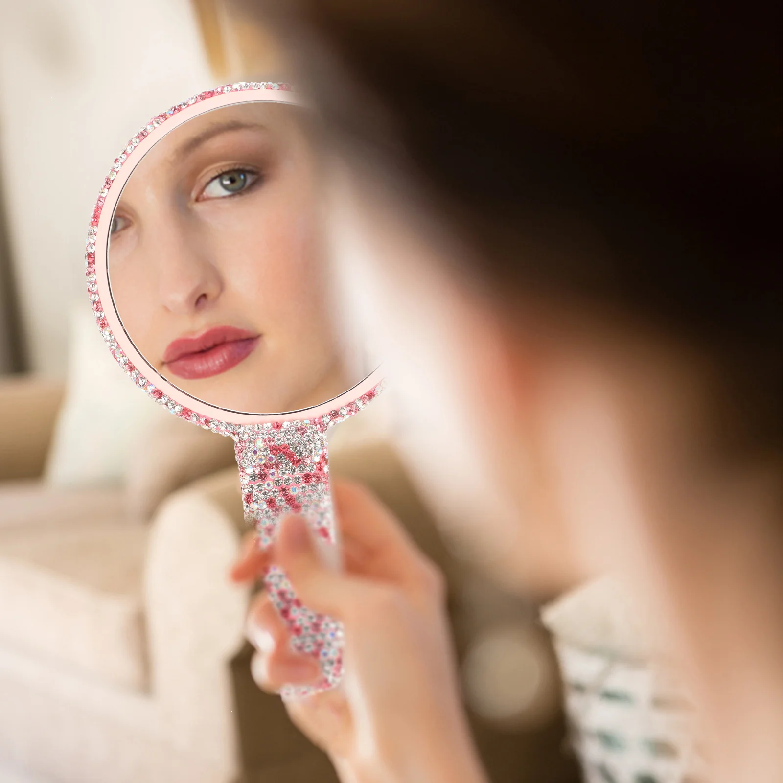 Chic Rhinestone Accent Mirror Handheld Mirror for Women Shatterproof Clear Reflection Easy Carry Design