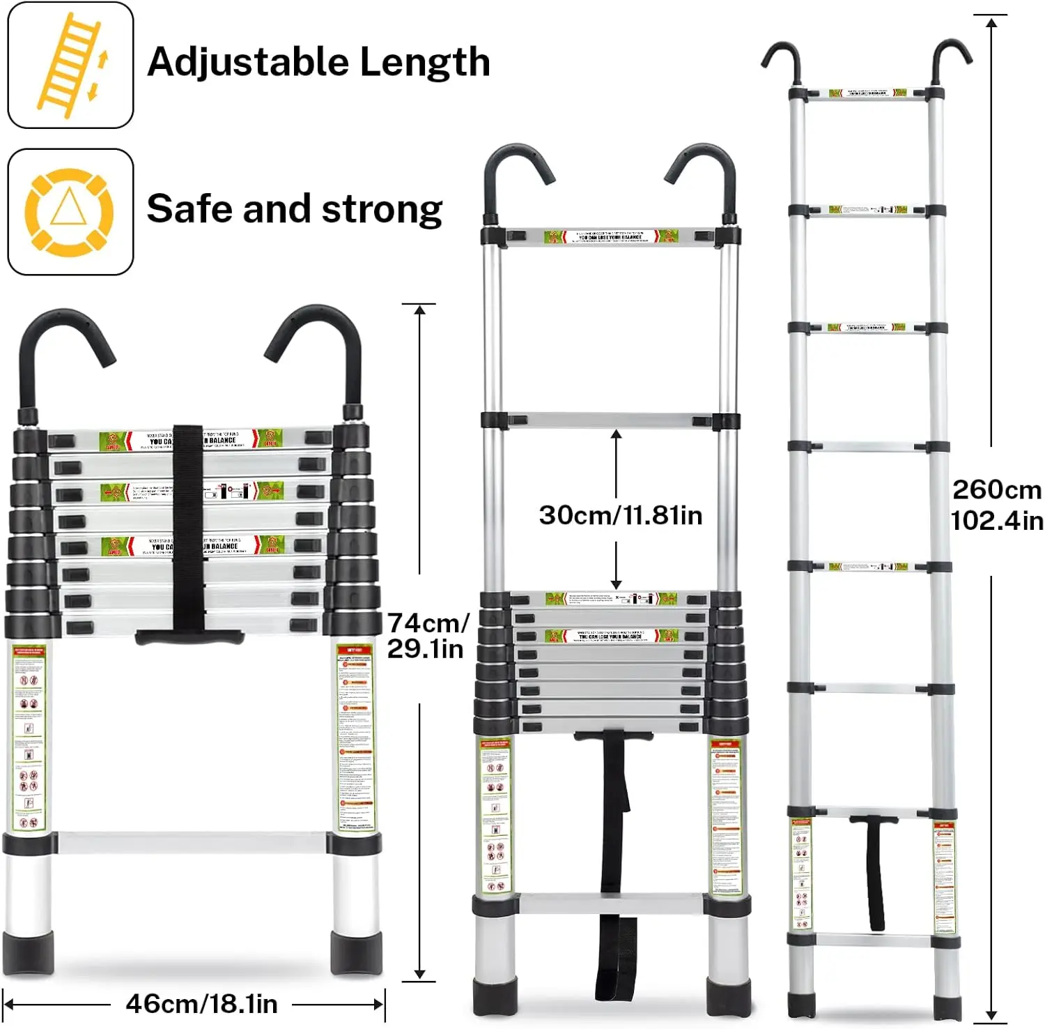 Ladder, 8.5FT RIKADE Aluminum Telescoping Ladder with Non-Slip Feet and Stable Hook, Portable Extension Ladder for Household and