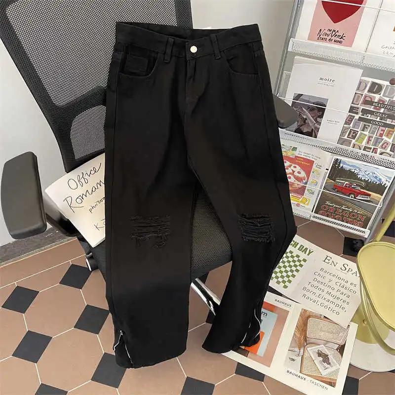 

Streetwear Hip Hop Ripped Denim Jeans Men's Loose Casual Bla Vintage American Loose Leggings Zipper Slit Wide Leg Long Trou...