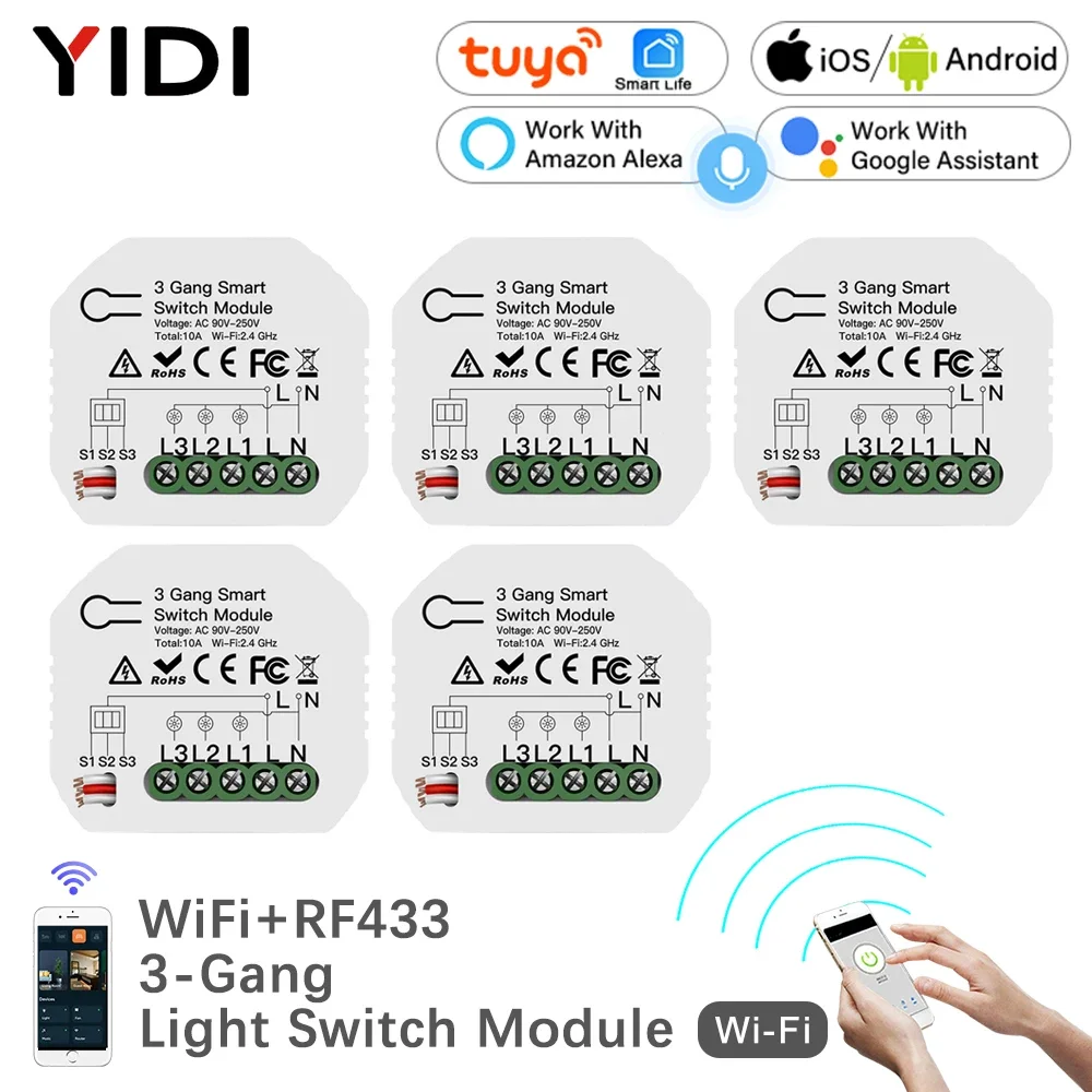 

3-Gang Mini DIY WiFi Smart Light Switch Module, 1/2 Way Smart Life/Tuya APP Switch Breaker Relay, work with Alexa Google Home