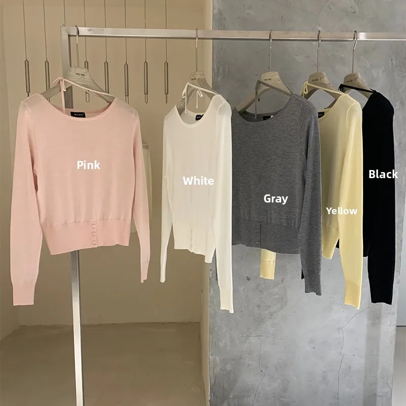 

Korean Style Gentle Wind Knitted Long Sleeve round Neck Top with Tie Casual Comfortable Women's Fashion Winter Color