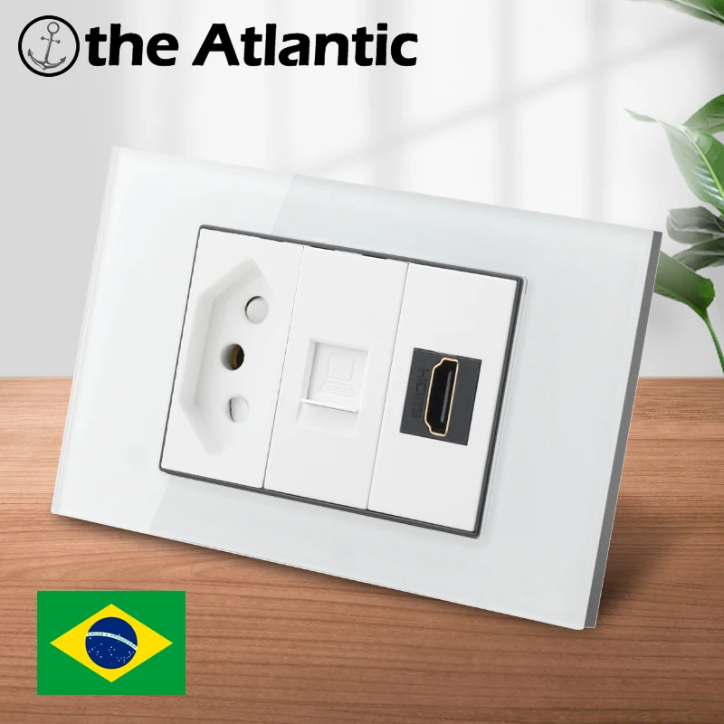 Free shipping Brazil Outlet with RJ45 HDMI TV SAT Antenna 118Type Power Socket White Tempered Glass Outlet Brazil Plug Outlet