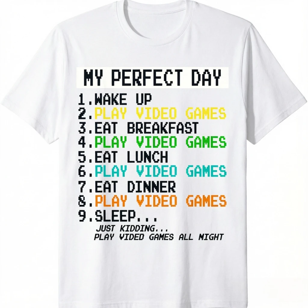 Funny Gamer Humor T-shirt Retro Pixel Font My Perfect Day All Day Gaming Schedule Print Tee Video Game Fan Short Sleeve Tops