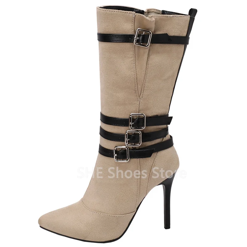 

Sexy Pointed Toe Thin Heel Women Mid-Calf Zipper Boots Fashion Mixed Color Belt Buckle Decor Ladies Party Dress Long Boots