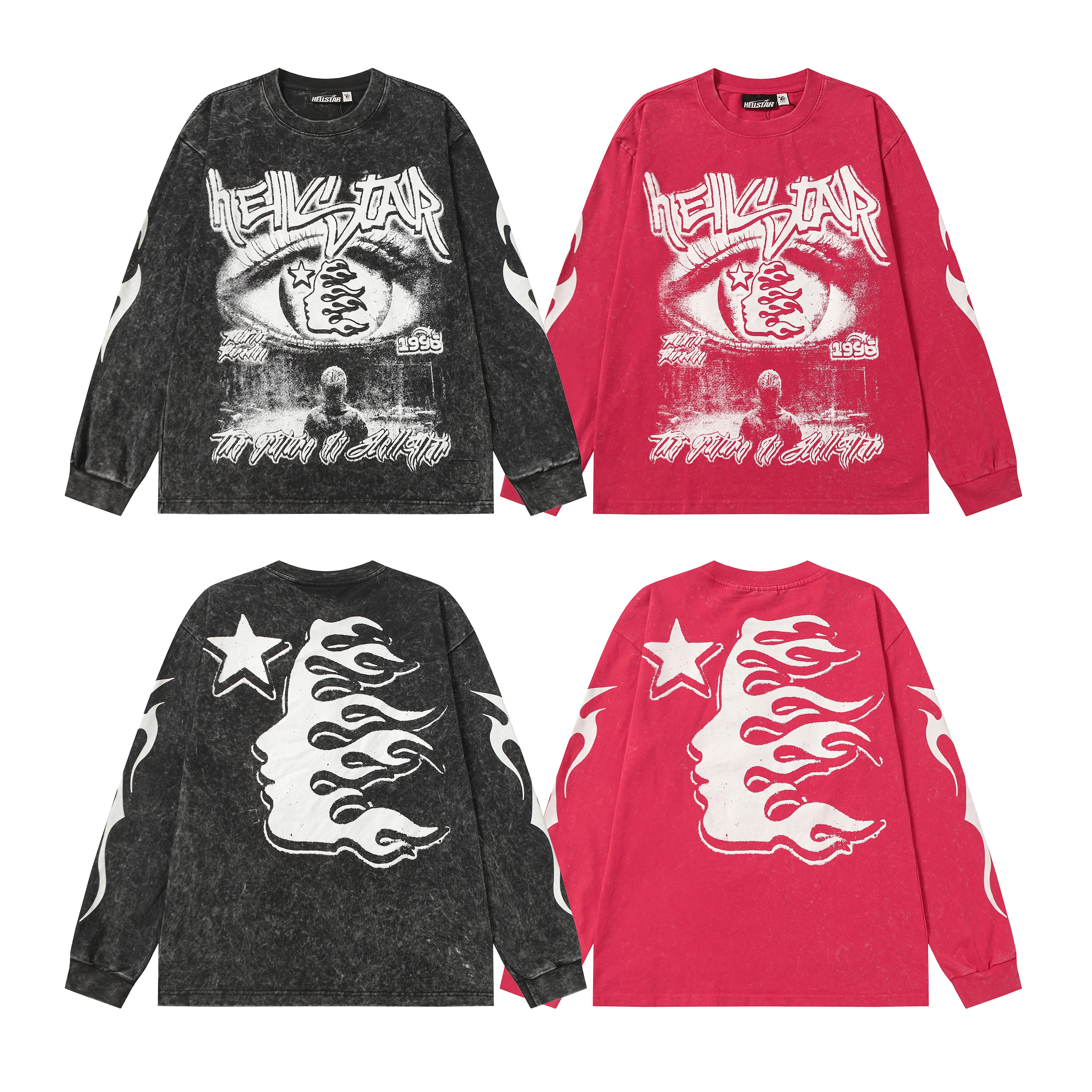 

Retro Waed Vintage Long Sve T-irt ex Loose Fit Hell Star Side Face Godd Print High Street Sle Cotton round Ne