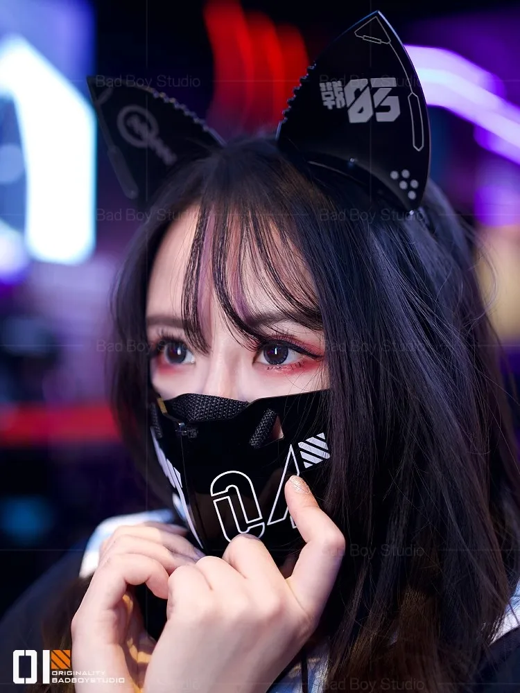 Cyber Punk Cosplay Mask Motorcycle Helmet Face Mask Acrylic Cat Ears Hairhoop Party Music Festival Accessories Cyber Punk Cospl