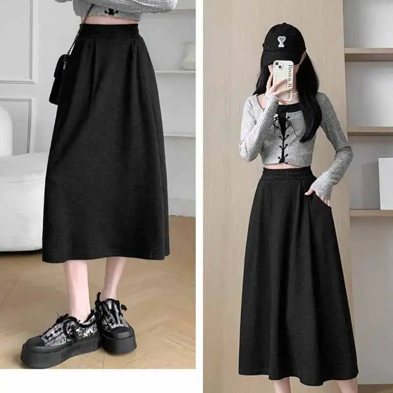 

Сплошной цвет, повседневная, с карманами, женская корейская утягивающая эластичная длинная юбка с высокой талией, женские универсальные юбки-миди