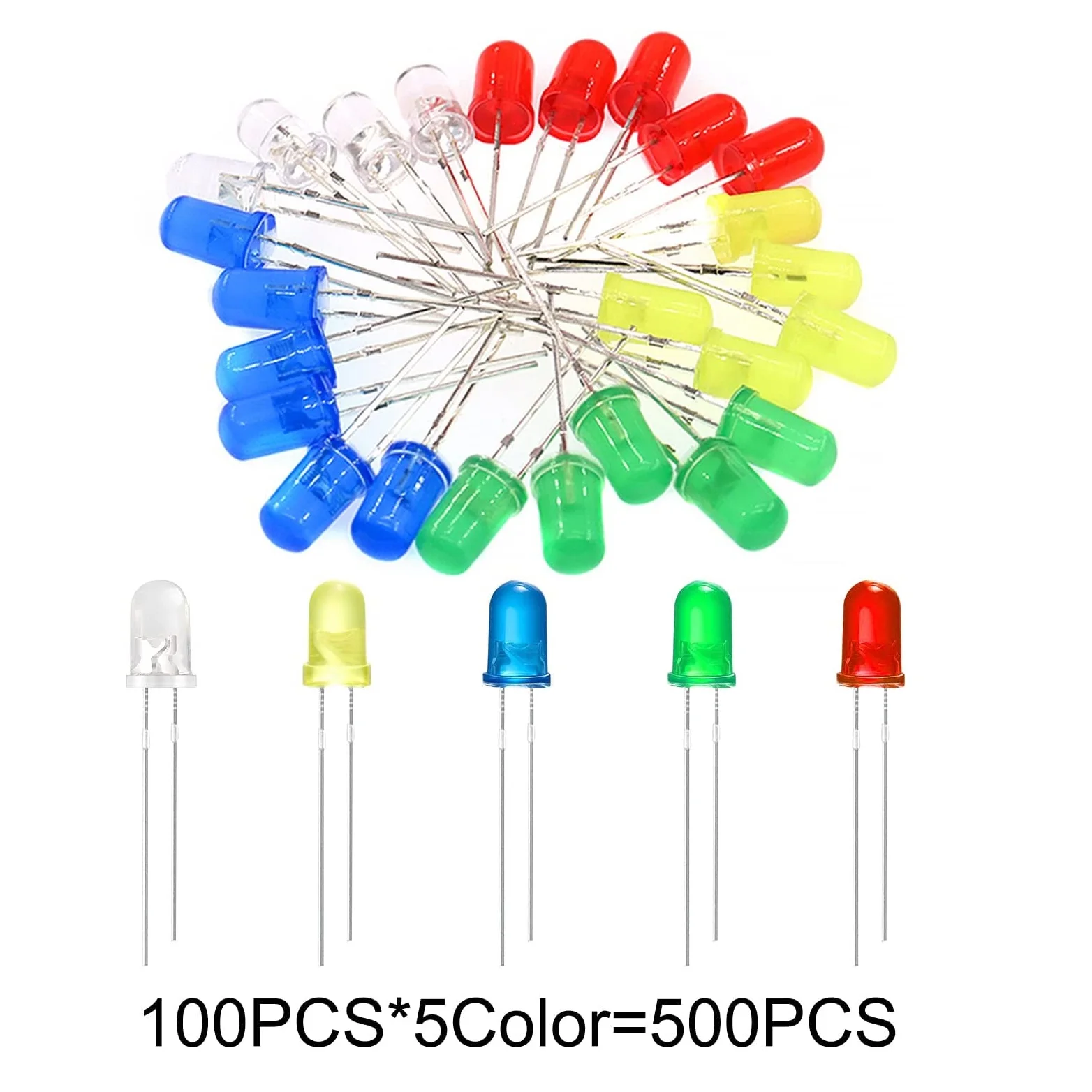 500 PCS (5 Colors x 100PCS) 5mm LED Light Emitting Diode Assorted Color Blue/Yellow/Red/Green/White Kit Box