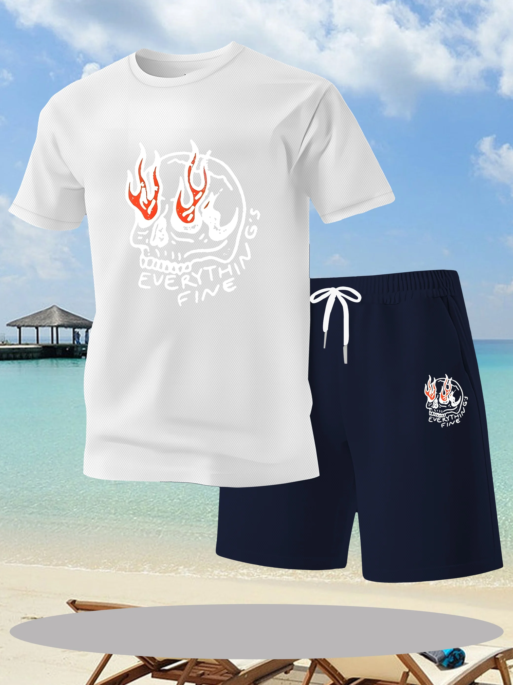 

Men's fashion printed short sleeved top, casual sports shorts two-piece set