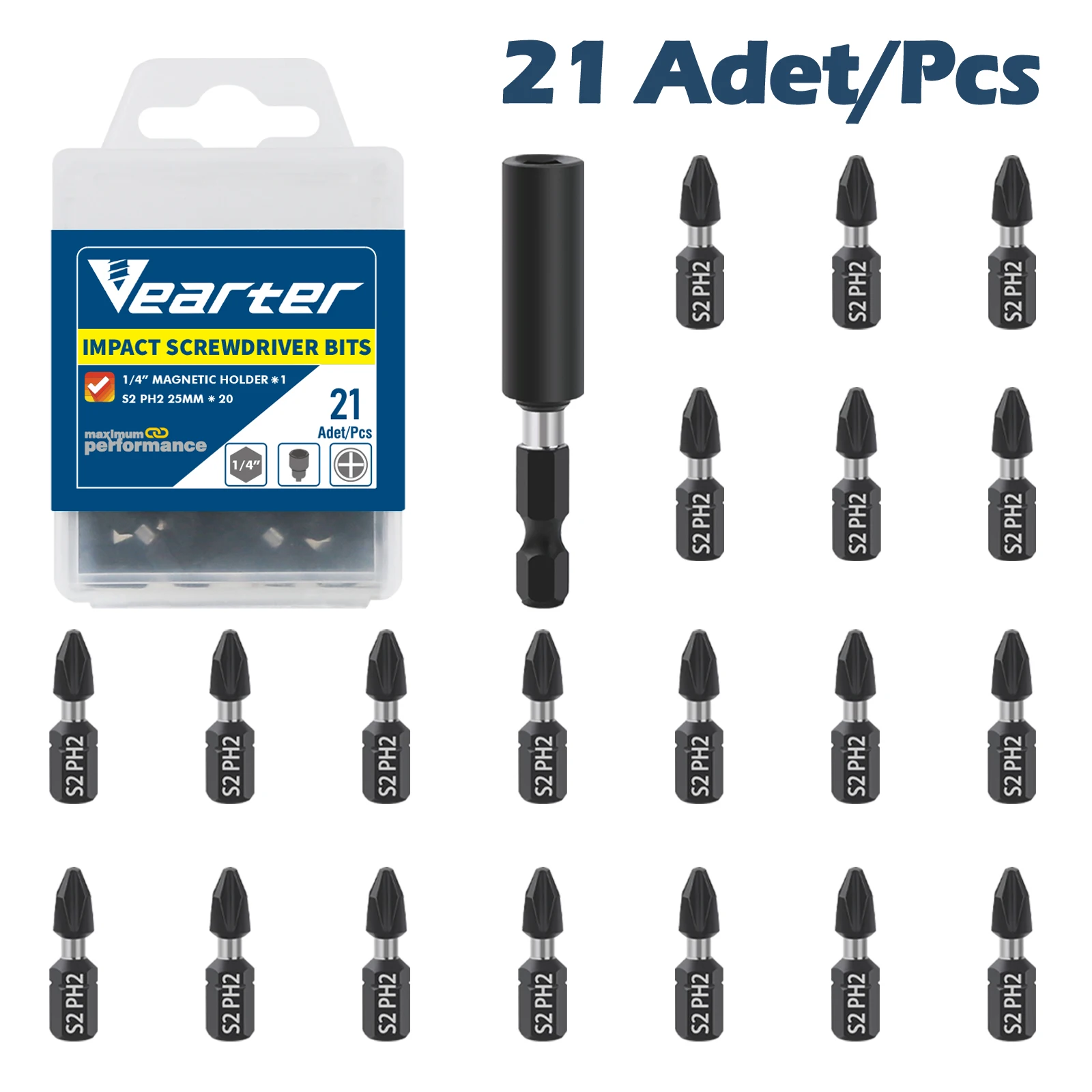 Vearter Impact S2 PH2 Screwdriver Drill Driver Bits Set With Magnetic Bit Holder Compatible with Dewalt Milwaukee Bosch Makita