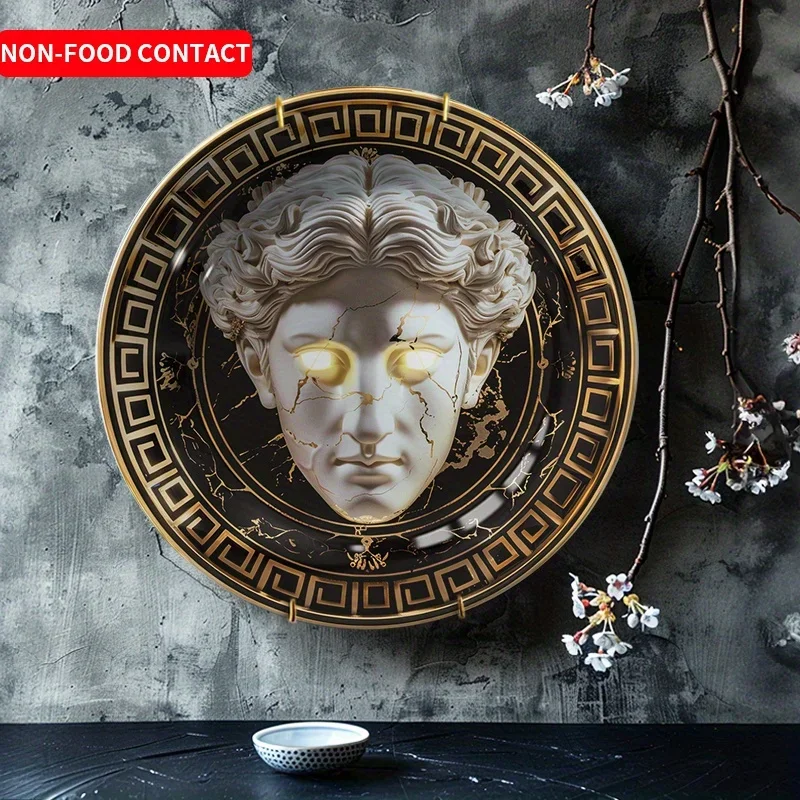 1pc Non-Food Contact Modern Art Ceramic Decorative Plate - Elegant Golden & Black Face Design, Glowing Effect, Ideal for Living