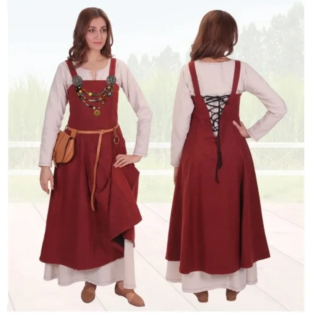 

Medieval Viking Apron Overdress with Laced Medieval Classic Vintage Retro Vogue Flare Sleeve Tunic Dress Ladies Plus Size