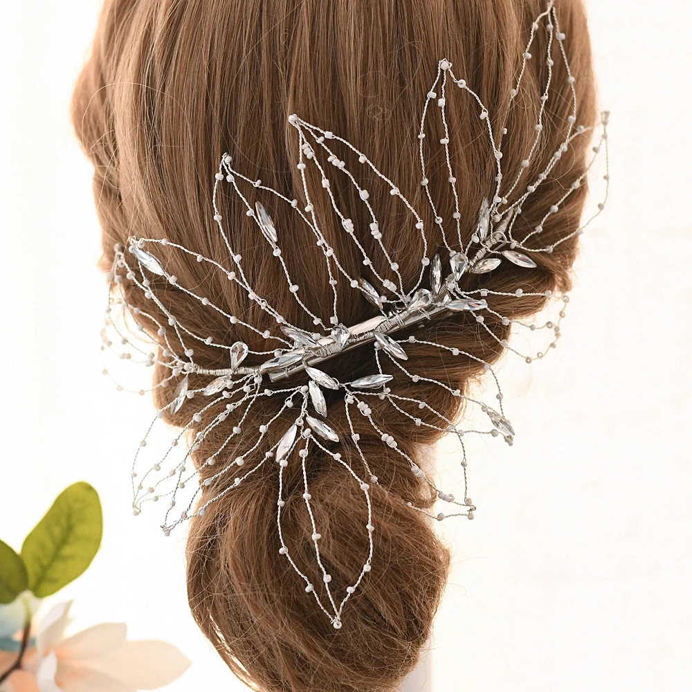 Women’s Hair Clips Fashionable Leaf Design Decorative Rhinestones Wedding Hair Pin Guest Wedding Hair Ornament Bride Headdress