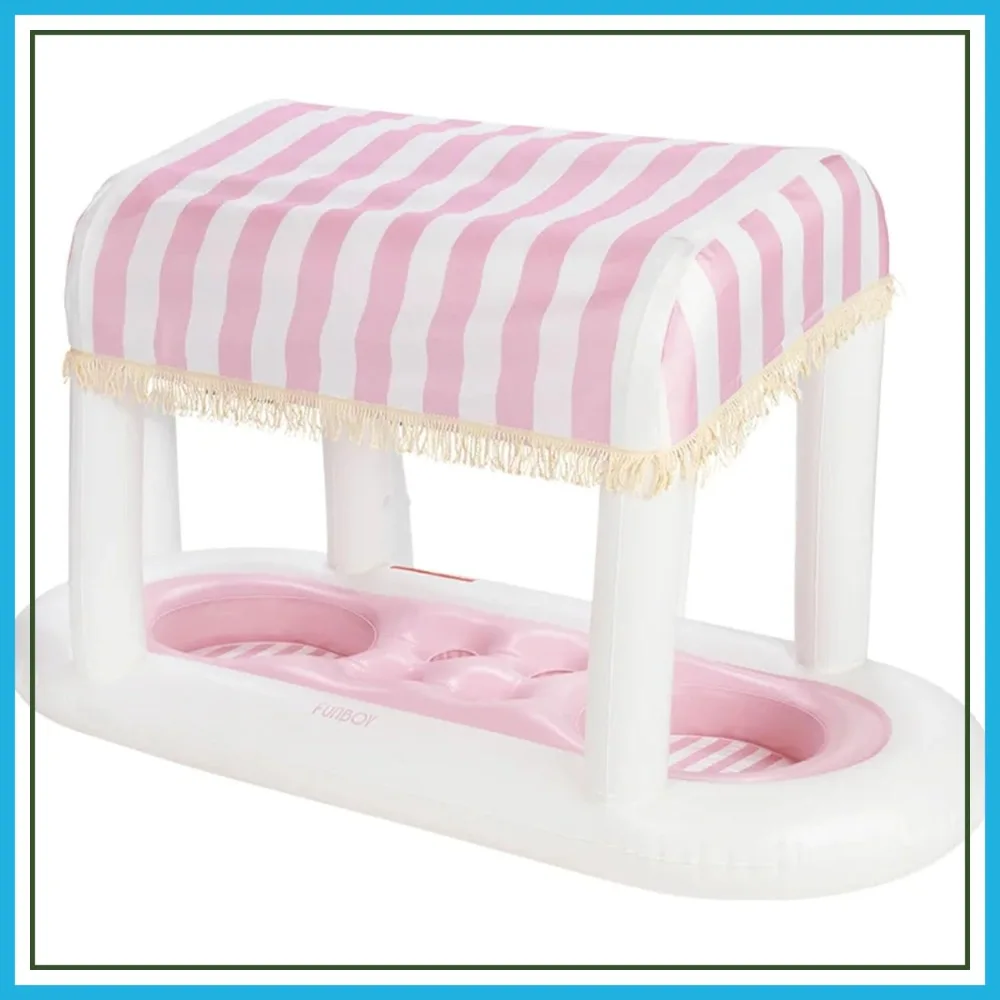 

Giant Pink Cabana Stripe Drink Station with Removable Fringe Shade, Perfect for Pool Parties & Table Decor