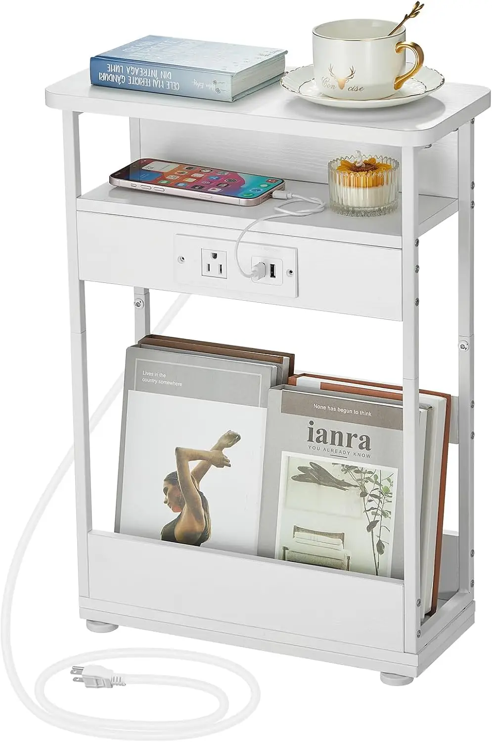 

Узкий приставной столик с зарядной станцией, 3-уровневый торцевой столик с 2 USB-портами и розетками, тонкий приставной столик для дивана для Narr