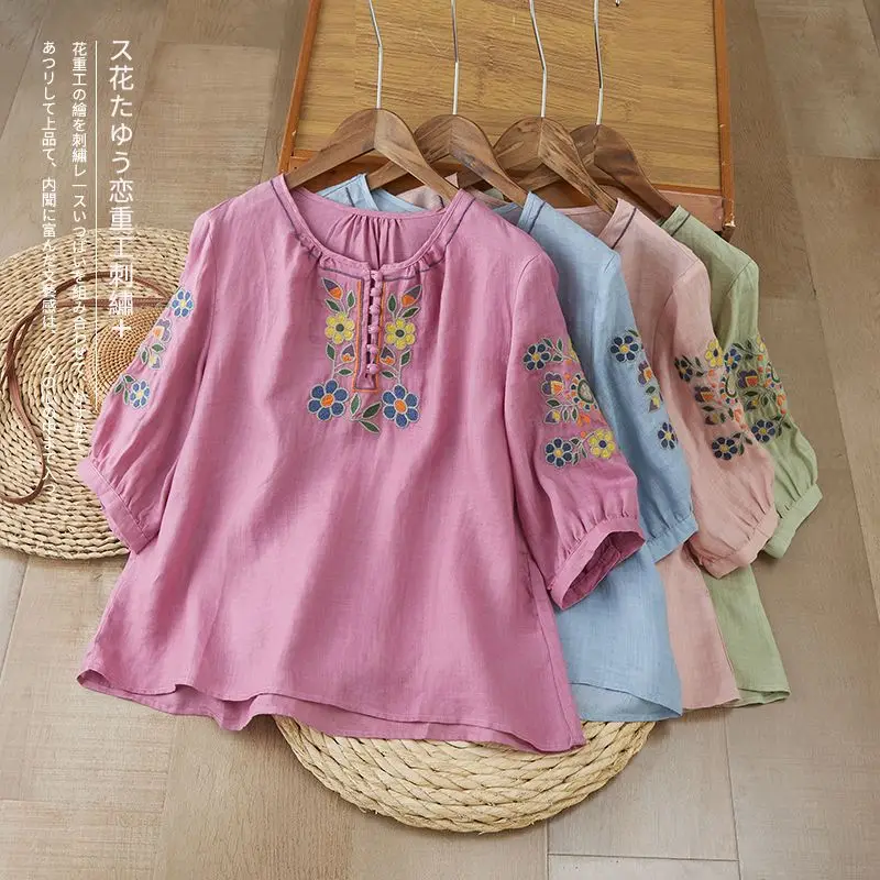 

Summer Cotton And Linen Embroidery Blouses Women Shirt Casual Loose Flower Top