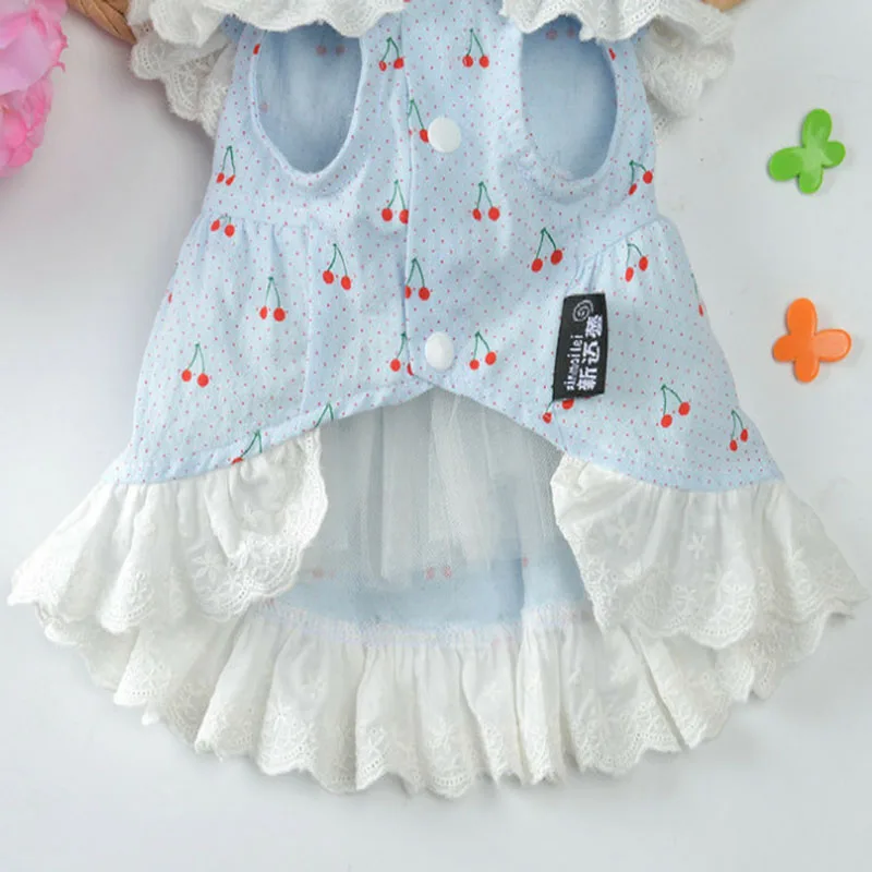 Sweet Lace Collar Cat Dress for Dogs,Cherry Decor, Blue Tutu Skirt for Small Dogs, Princesses Shirts, Pet Apparel, Sundress, XXL