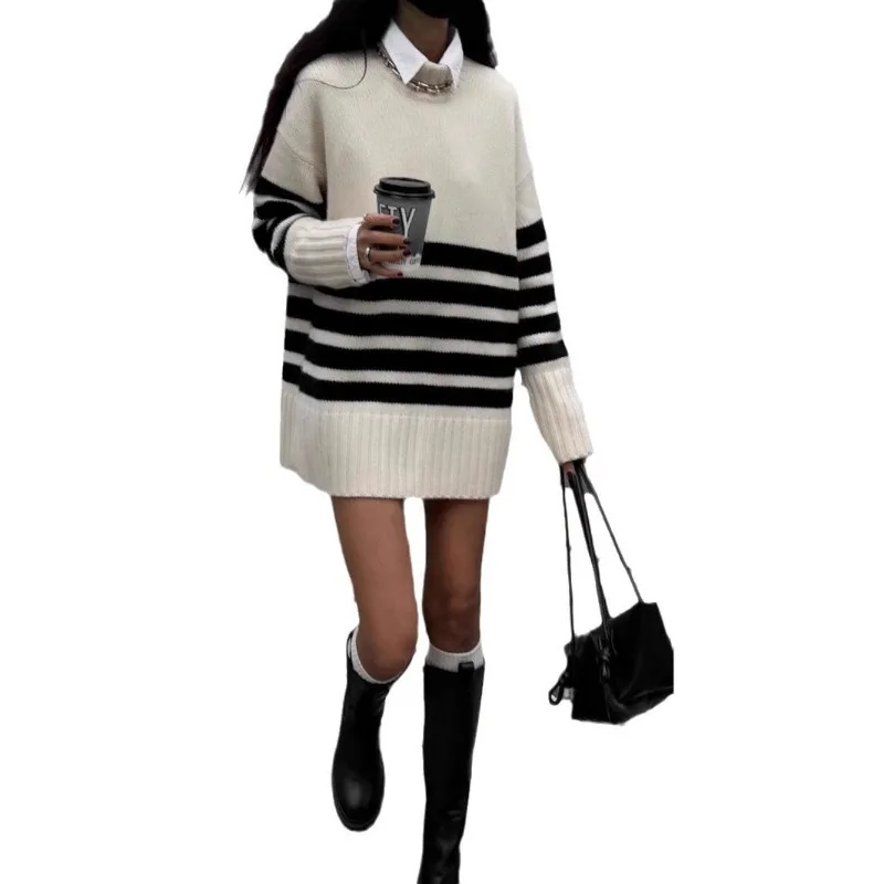 2024 Autumn and Winter New Fashion Laziness Black and White Stripes Sweater Versatile Head Cover Medium and Long Styles Sweater