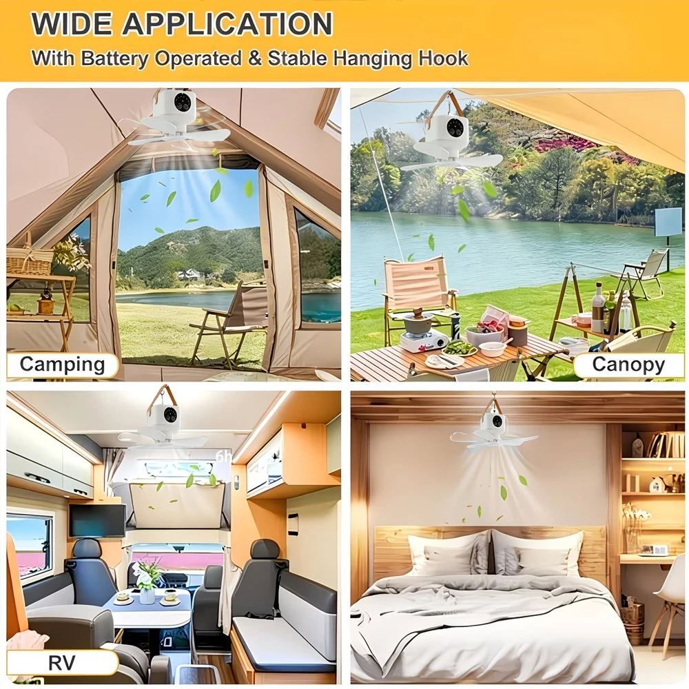 Portable Ceiling Fan with Light 3600/7200mAh 4 Speeds Timer USB Rechargeable Camping Fan with Remote Control Rooftop Tent Travel view 6