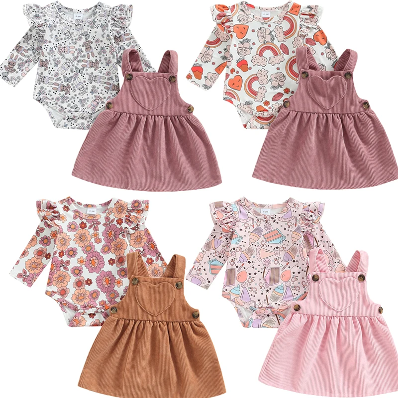 

Infant Baby Girl Clothes Set Long Sleeve Rabbit Flower Print Romper Corduroy Suspender Dress Outfits Spring Autumn Clothing