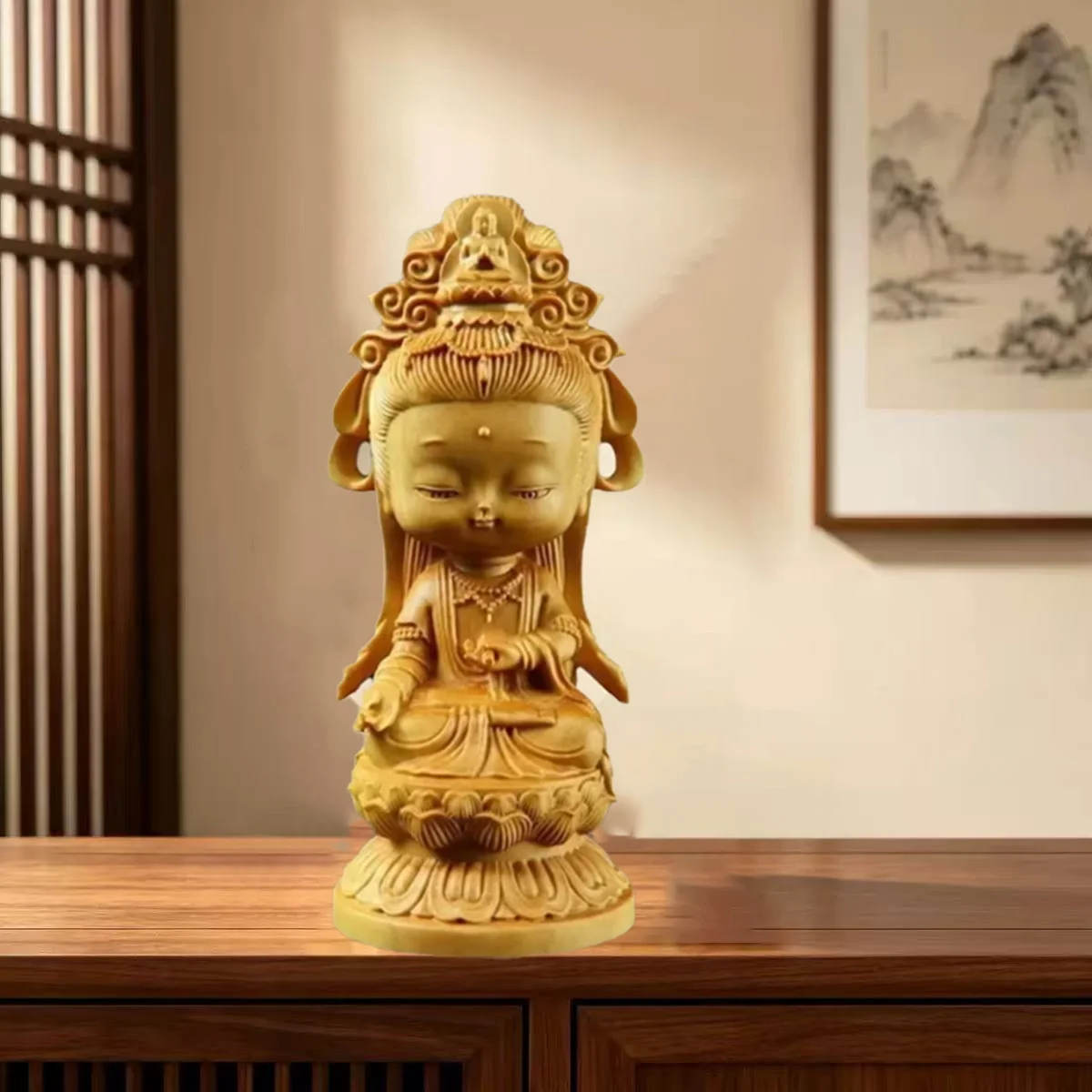 Woodcarving Cartoon Guanyin Statue Hand Carving Solid Wood Buddhist Feng Shui Guanyin Mini Buddha Statue Home Decor Fine Carving