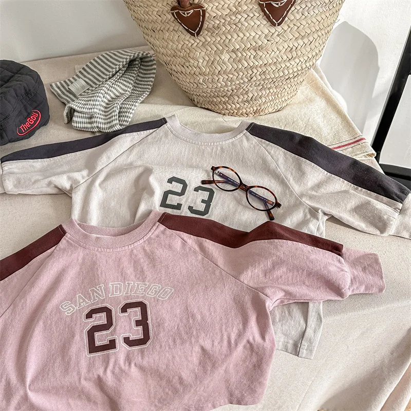 LILIGIRL 2025 New Spring Toddlers Kids Letter Printed Pullovers Tops Korean Style Unisex Children Loose Casual T-shirts