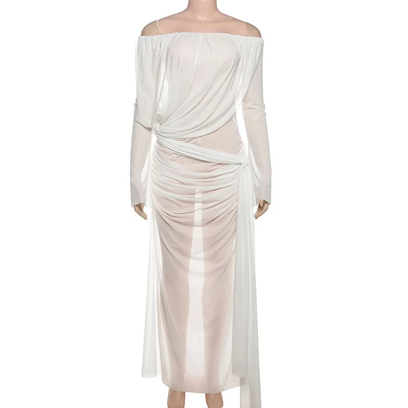 Y2K شبكة انظر من خلال فستان ماكسي المرأة قبالة الكتف كم طويل سبليت الخريف الشتاء مثير نادي الحفلات Ruched فساتين وتتسابق هدية