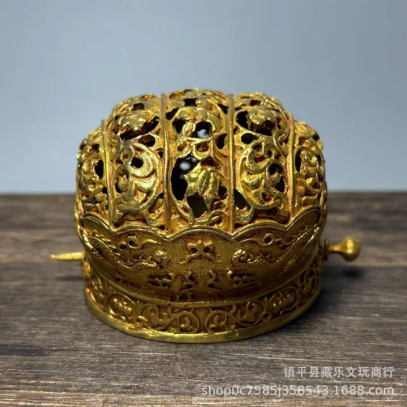 Antique Bronze Gilt , Double Dragon Hairpin, Ornamental Crown with Grape Vine Pattern, Carved Official's Hat