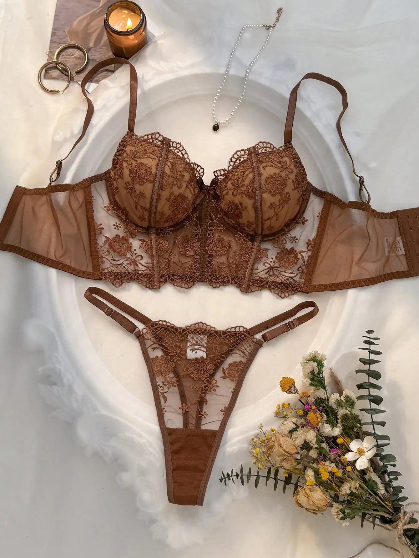 Black Lace Three-Piece Lingerie Set With Sheer Floral Details - Image 5