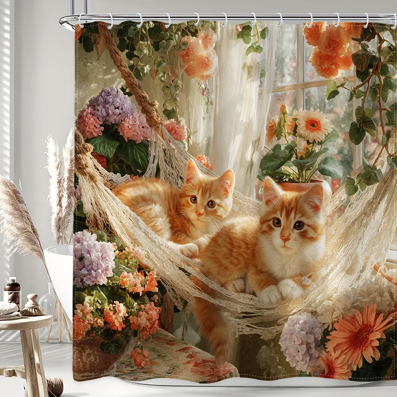 Cute Kitten Hammock Shower Curtain Floral Garden Bathroom Decor Pet Lover Gift Curtain