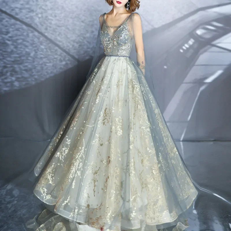 

V-neck Simple Slim Waist Sequined Elegant Wedding Party Dresses Sleeveless Temperament Prom Dress Sexy Mesh Design Evening Robe