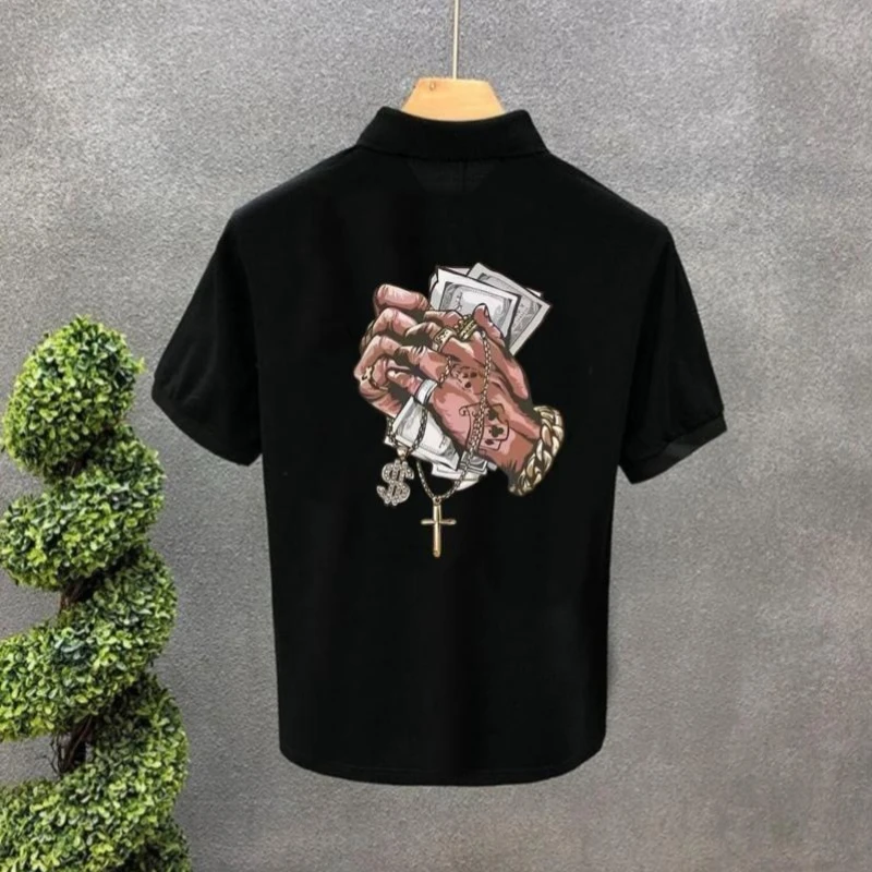 Men's Casual Polo Shirt Summer Short Sleeve Streetwear Unique Playing Card Print Button Tee Breathable Cotton Blend Tops