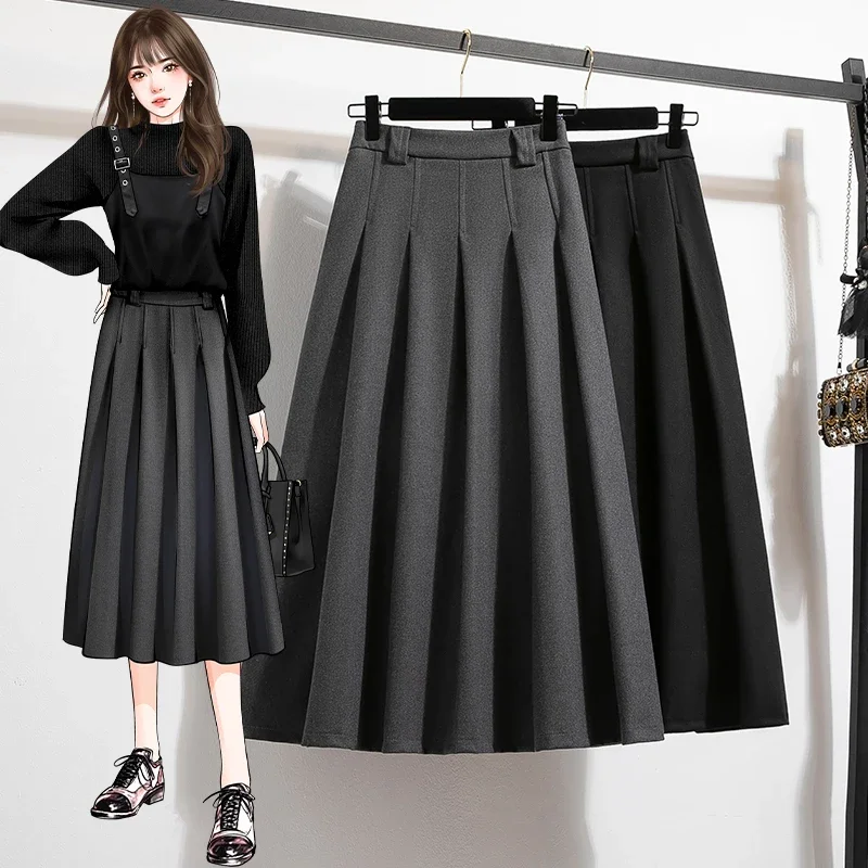 Casual High Waist Pleated Slim A-line Long Skirts Korean Fashion Streetwear Office Lady Basics Autumn Winter Plus Size Clothing