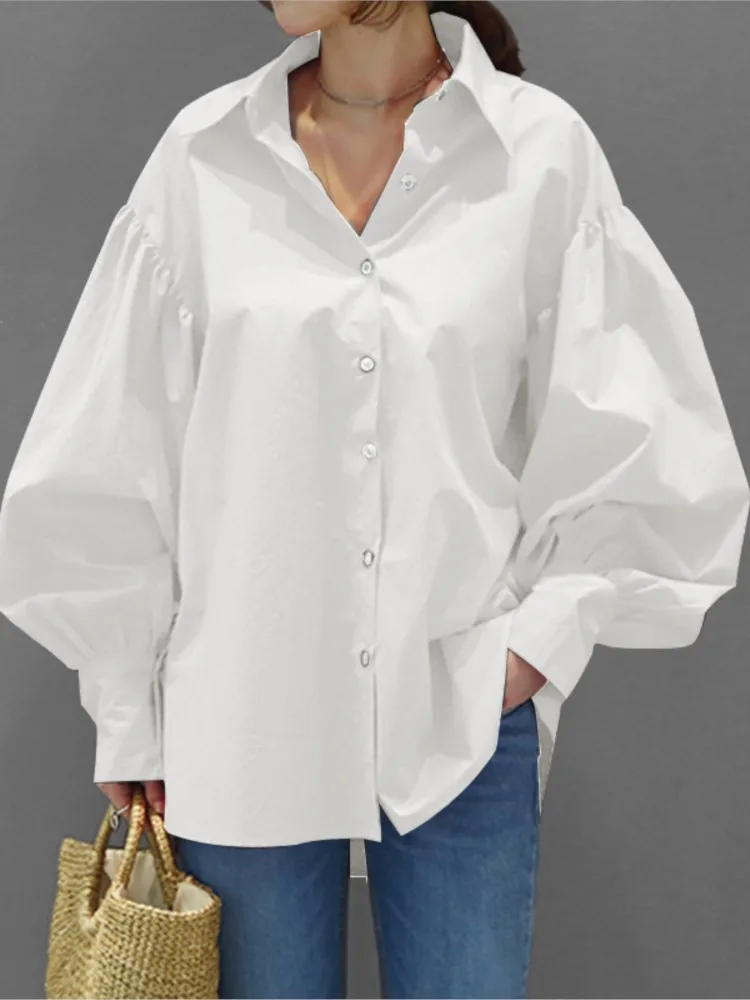 

Woman Casual Vintage Solid Color Lapel Shirt Tops Office Lady Button Lantern Sleeve Blouses 2025 Spring Summer Chic Tops Outfit