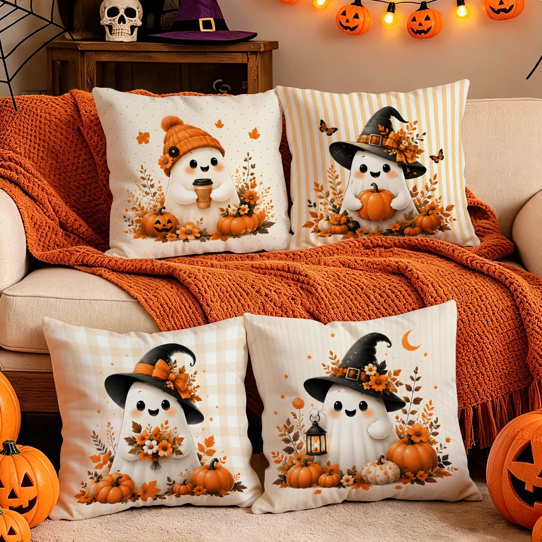 Autumn Gentle Ghost Pumpkin Cushions Pillowcase Polyester Cushion Cover Throw Pillow Pillowcover Home Car Sofa Decor