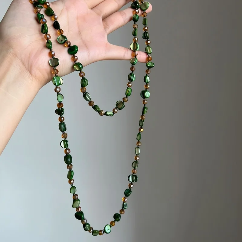 Eclectic green shell bead layered necklace for long style Bohemian style suitable for spring and summer collar chain