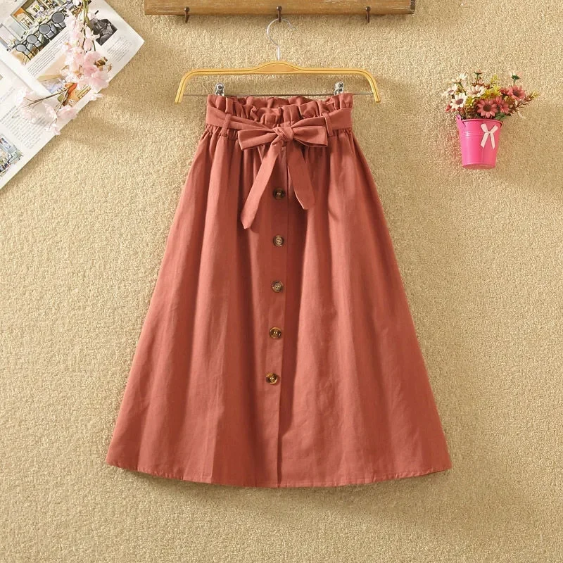 

Summer Autumn Skirts Womens Midi Knee Length Korean Elegant Button High Waist Skirt Female Pleated School Skirt
