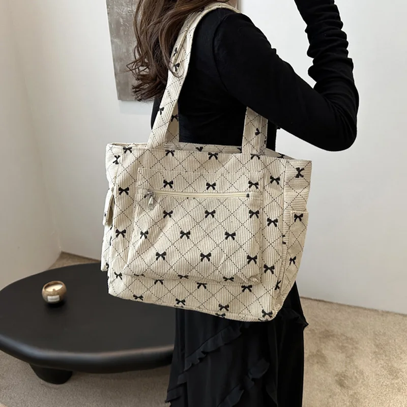 Large Capacity Corduroy Casual Tote Bags For Ladies, Casual Bow Pattern Commuting Handbags Women\'s For Shopping