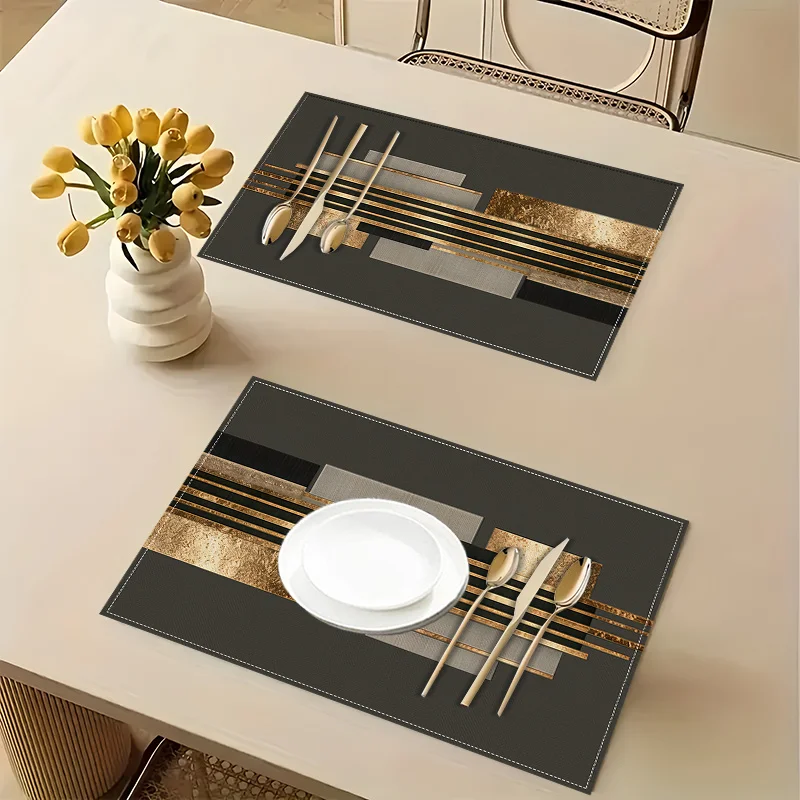 4‑Piece Modern Minimalist Black & Gold Placemats, Elegant Rectangular Abstract Geometric Table Mats, Machine‑Washable