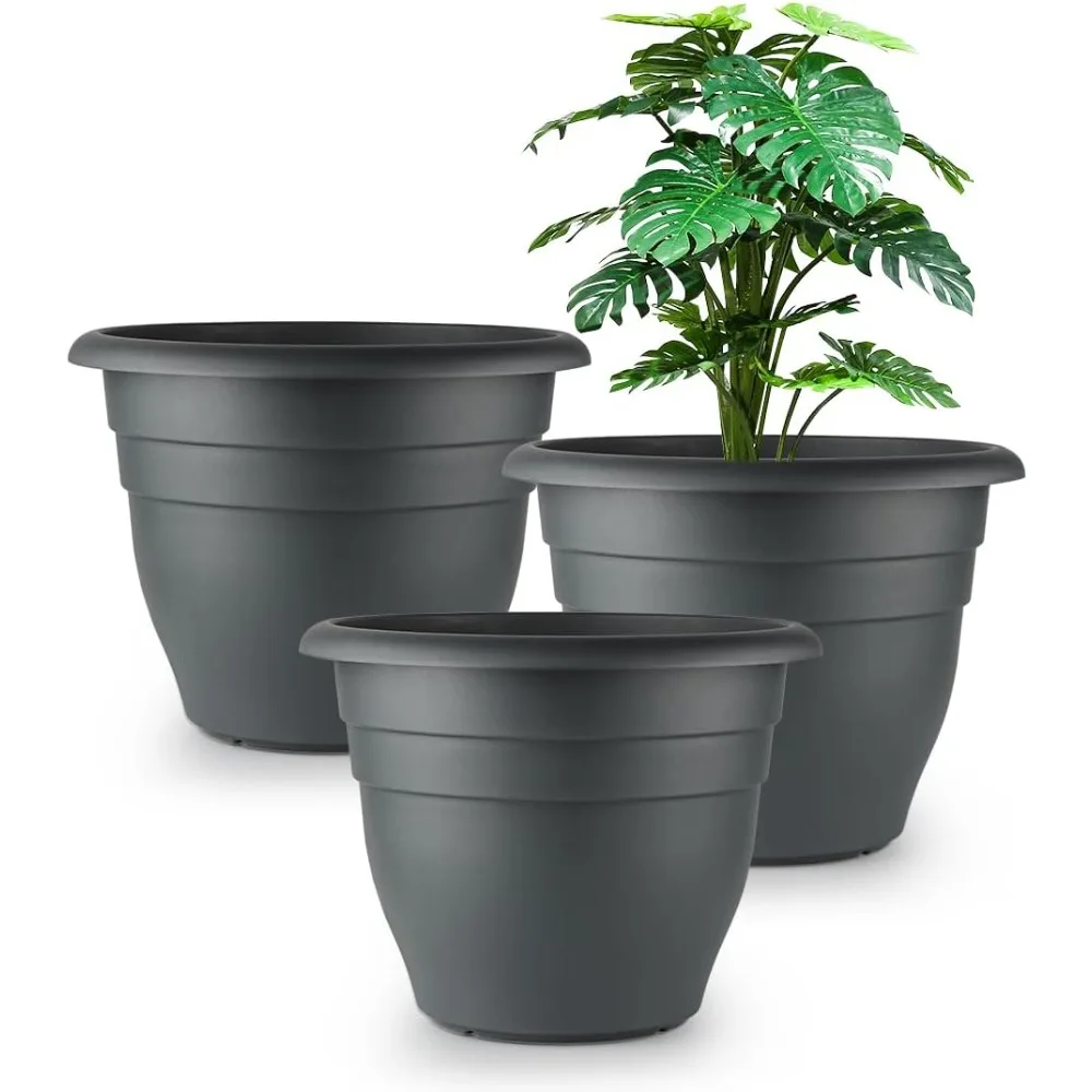 

3 упаковки 12-дюймовых больших пластиковых горшков с дренажными отверстиями для уличных растений, прочный и легкий вес
