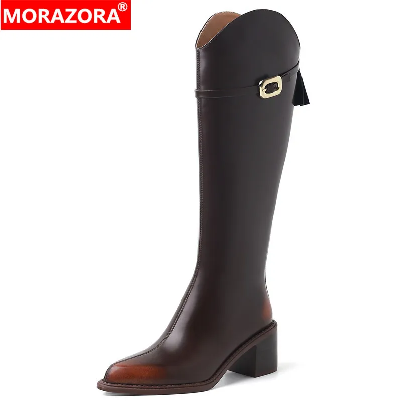 MORAZORA 2024 New Genuine Leather Boots Women Shoes Buckle Zipper Square High Heels Knee High Boots Autumn Winter Ladies Shoes