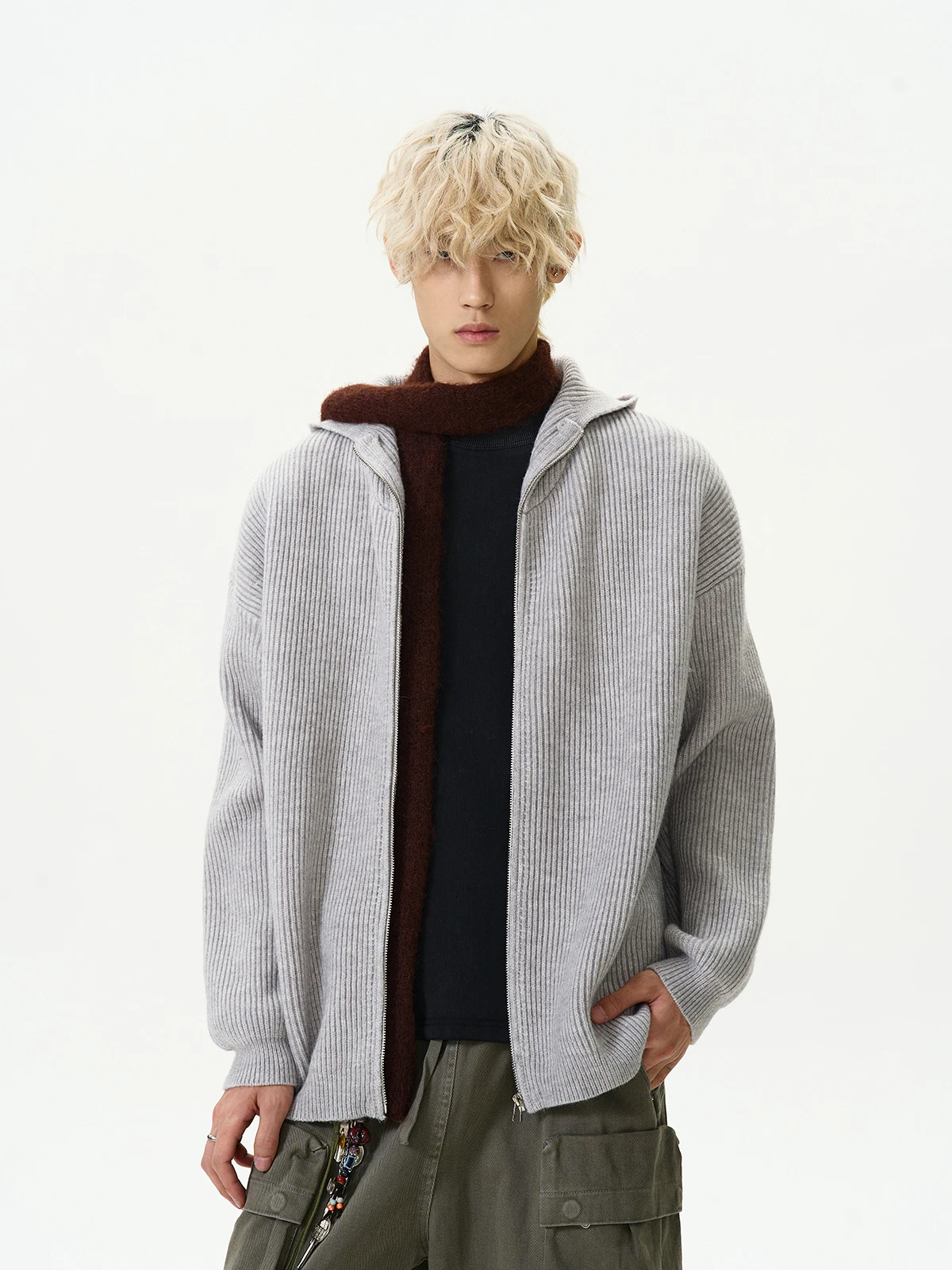 

a PUEE American High Street Cleanfit Hooded Open Cardigan Sweater ex Lazy Sle Retro Knitted Jaet Trendy Winter Outerwear