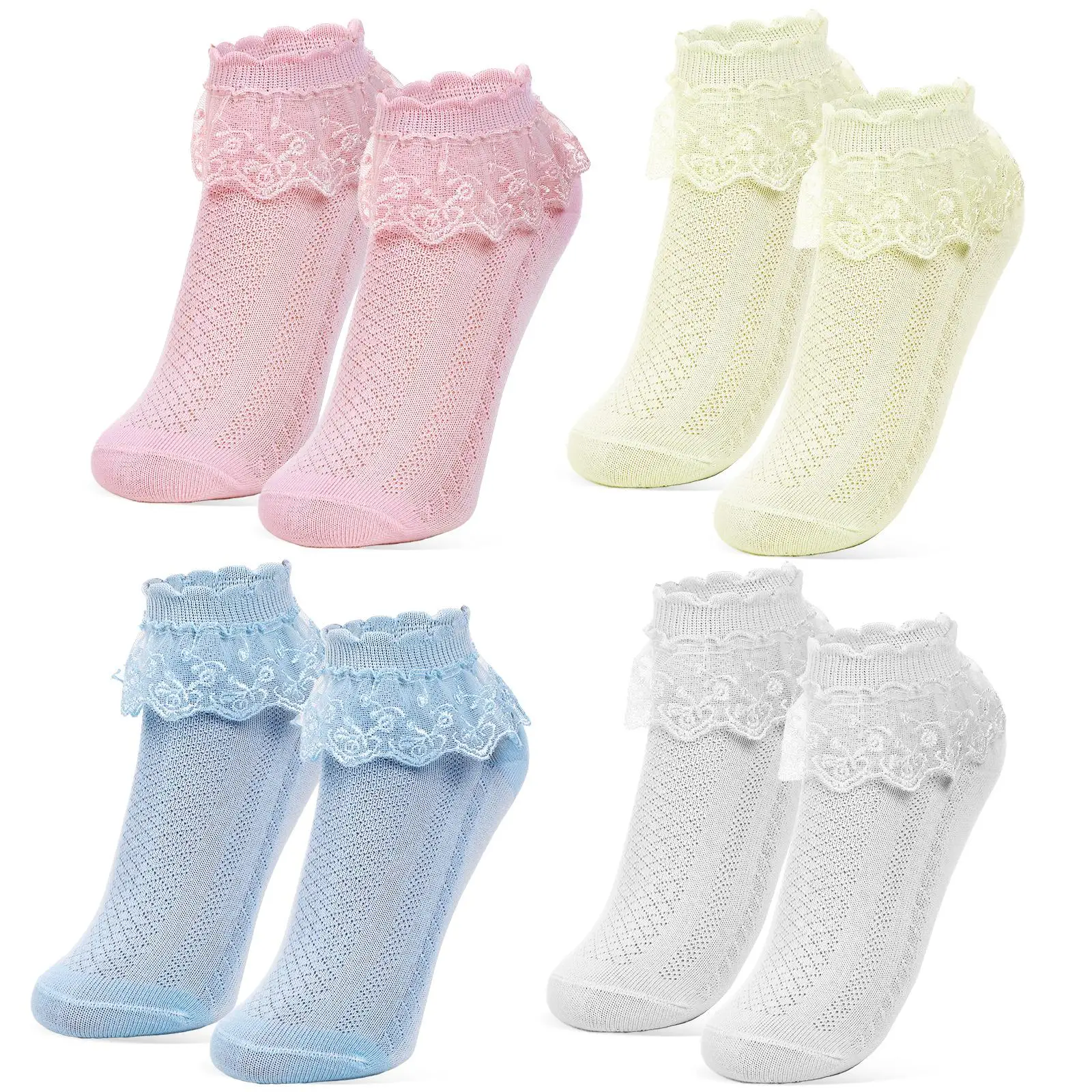 

Princess Socks 4 Pcs Above Ankle Ruffle Casual Lace Trim Thin Short Socks For Children Flats