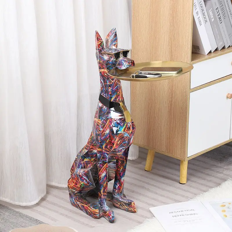 #￥Modern Home Decor Colorful Geometry Dog Sculpture Tray StorageStatue Animal Figurine Model Living Room Ornaments  Resin Crafts