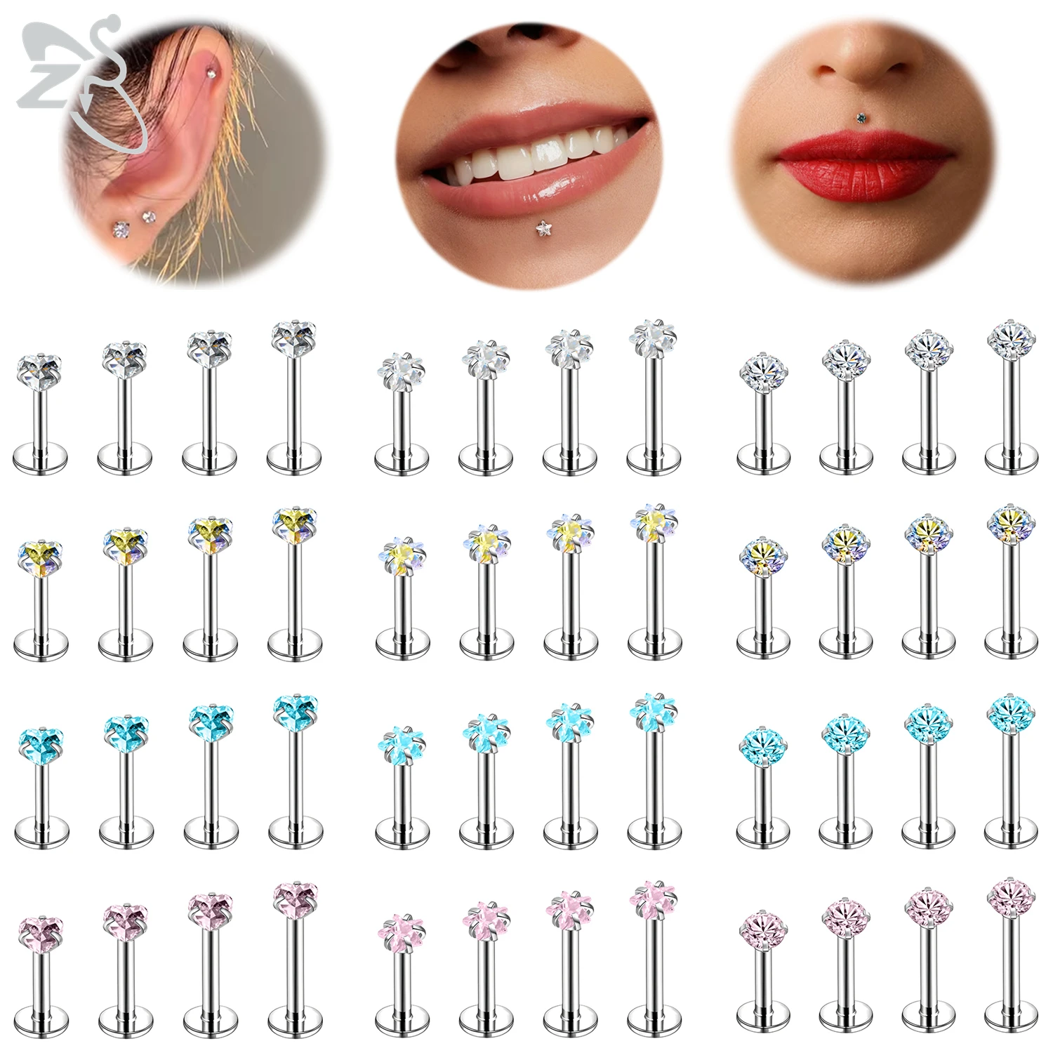 ZS 6pcs/lot 16G/18G Stainless Steel Labret Lip Piercing 5/6/7/8MM Internal Thread Ear Stud 3MM Zircon Cartilage Helix Piercings