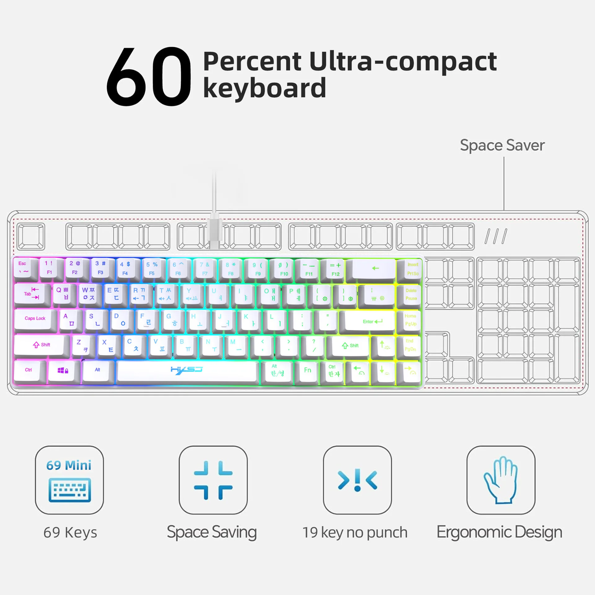 Korean English Keyboard Russian 60% Layout Keyboard 18 RGB Backlight 68 Keys Type C Wired V200 19 Keys No Conflict Gaming Office