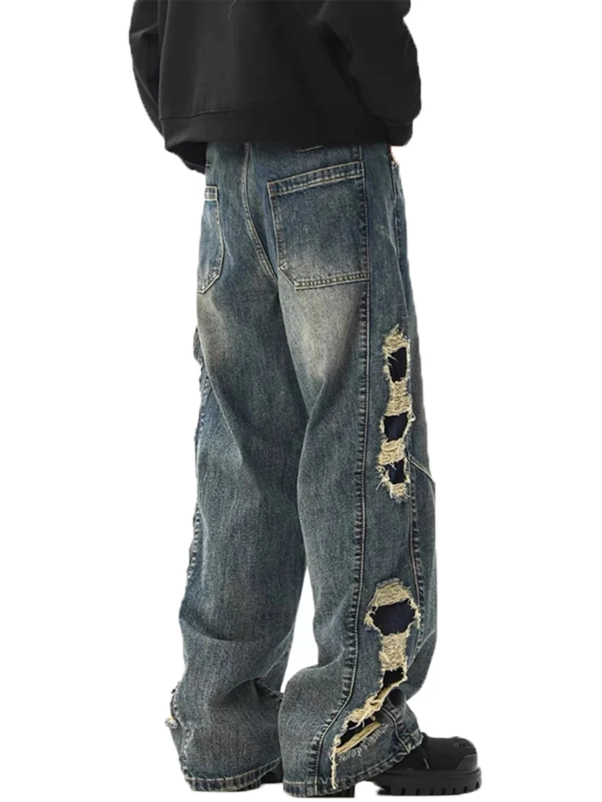 

Ripped Blue Jeans Men's Straight Leg Denim Pants Autumn Winter American Retro Sle Youth Faion High Street Vibe Jeans