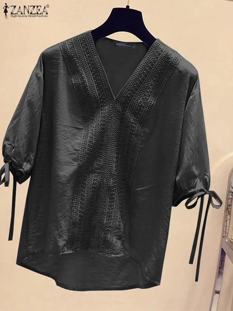 ZANZEA Vintage Solid Lace Women Blouse Korean Fashion Stripes Cuff Straps Tops Shirt 2024 Summer Half Sleeve V-Neck Loose Blusas