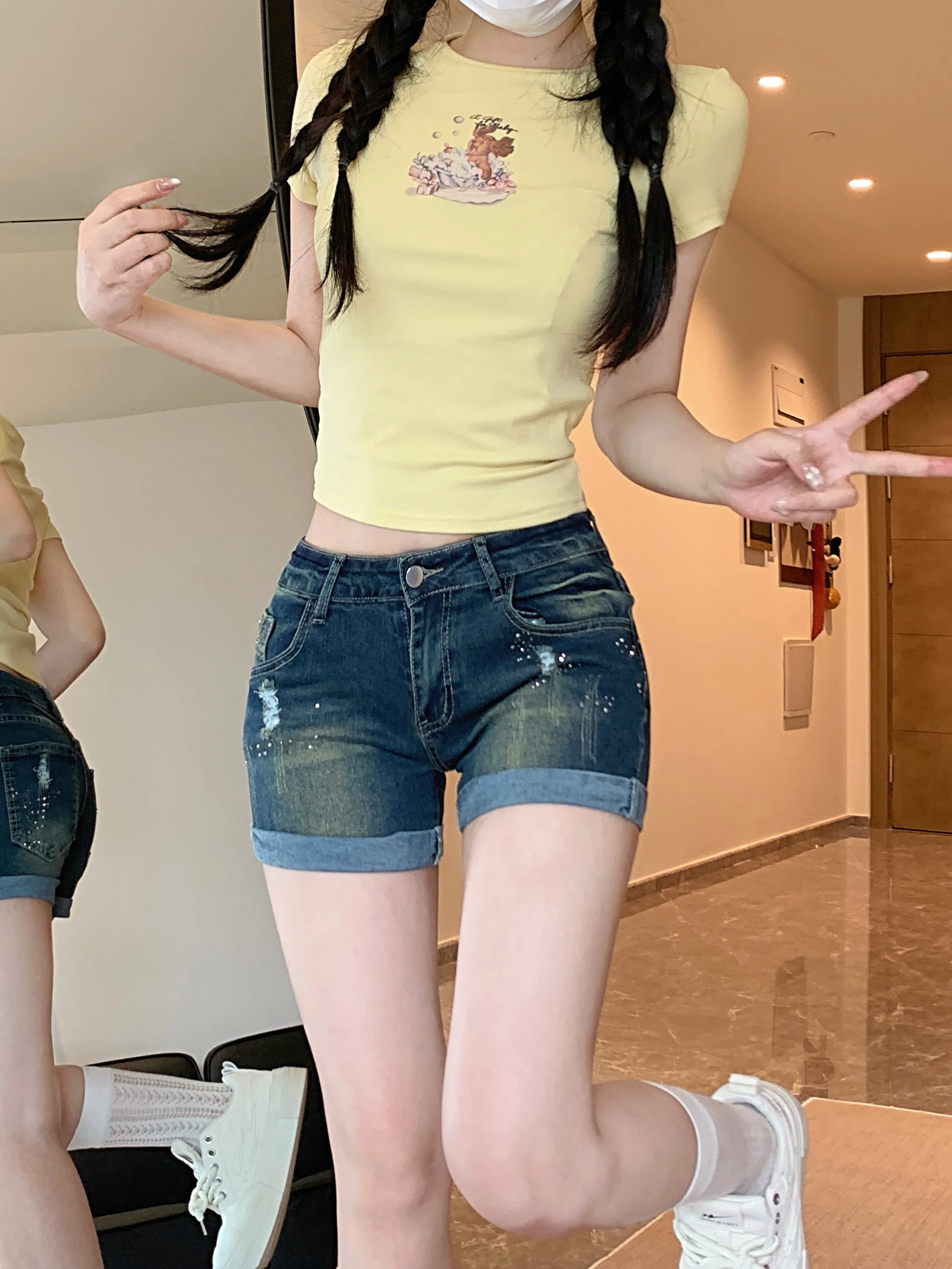 レディース ブルー ホットダイヤモンド ホールウォッシュ フリップジーンズ ショートパンツ Y2K アメリカン ストリートウェア セクシー ホットガール ヒップホップ ホットパンツ サマー 2025 服