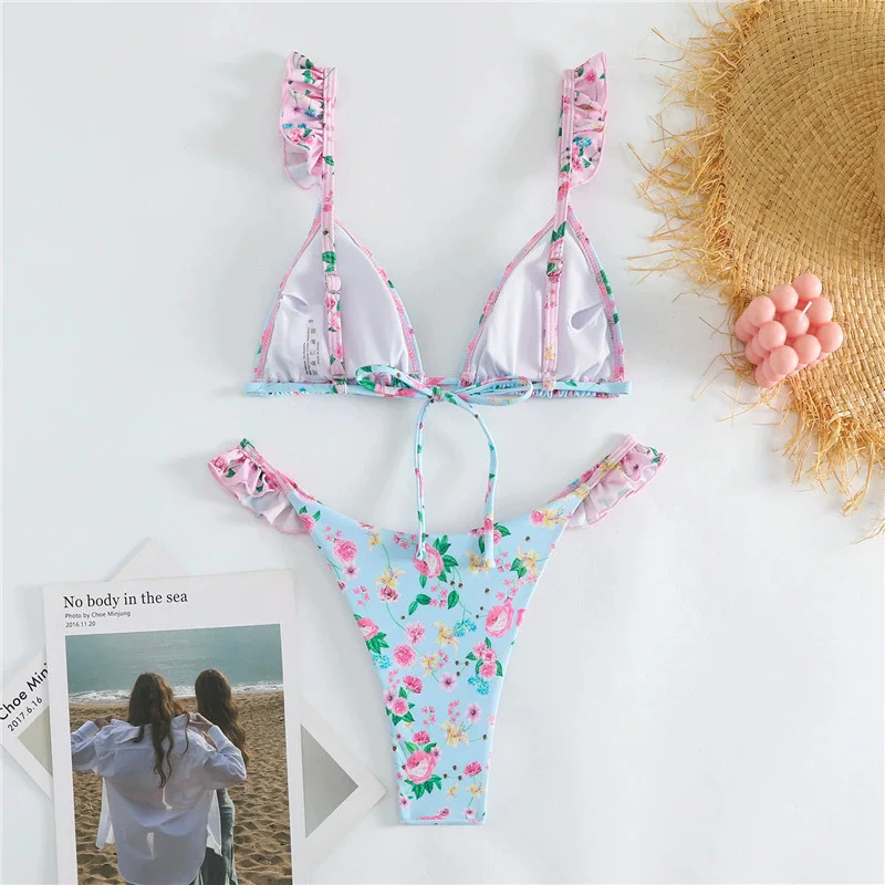 Light Blue Floral Print Swimwear Ruffled Strap Triangle Thong Micro Bikini 2026 Sexy Swimsuit Women Low Waisted Bather Bikinis